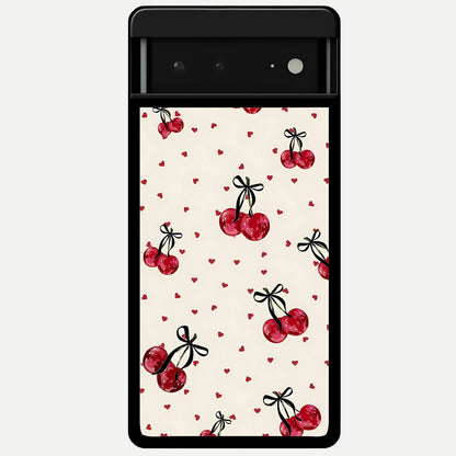  Cherry Heart Bow Glass Case For Google Pixel 6A back cover – full design glossy printed glass finish