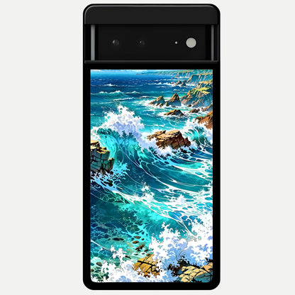  Coastal Blue Waves Glass Case For Google Pixel 6A back cover – full design glossy printed glass finish