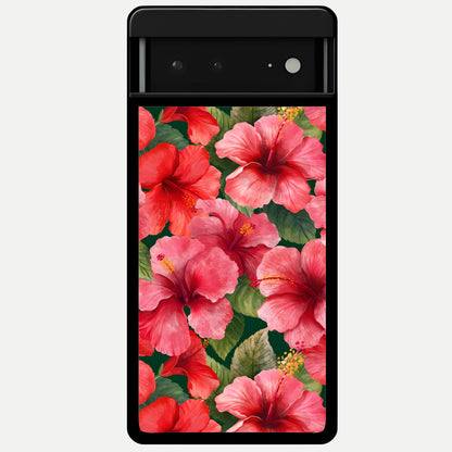  Hibiscus Pattern Glass Case For Google Pixel 6A back cover – full design glossy printed glass finish