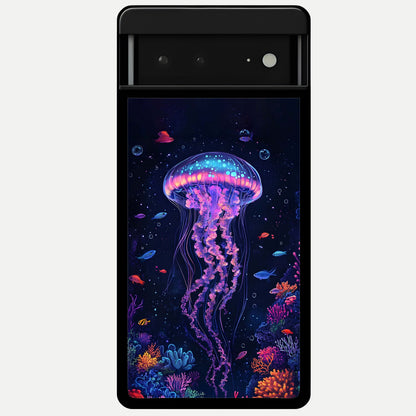  Neon Jellyfish Glass Case For Google Pixel 6A back cover – full design glossy printed glass finish