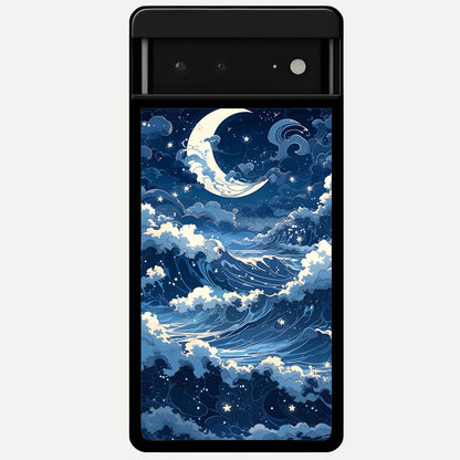 Ocean Moon Waves Glass Case For Google Pixel 6A back cover – full design glossy printed glass finish
