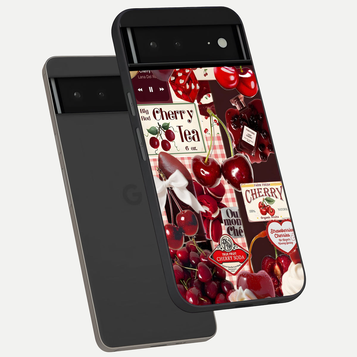  Aesthetic Cherry Tea phone case For Google Pixel 6A showing premium glass back cover with detailed artwork