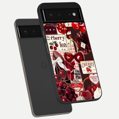  Aesthetic Cherry Tea phone case For Google Pixel 6A showing premium glass back cover with detailed artwork