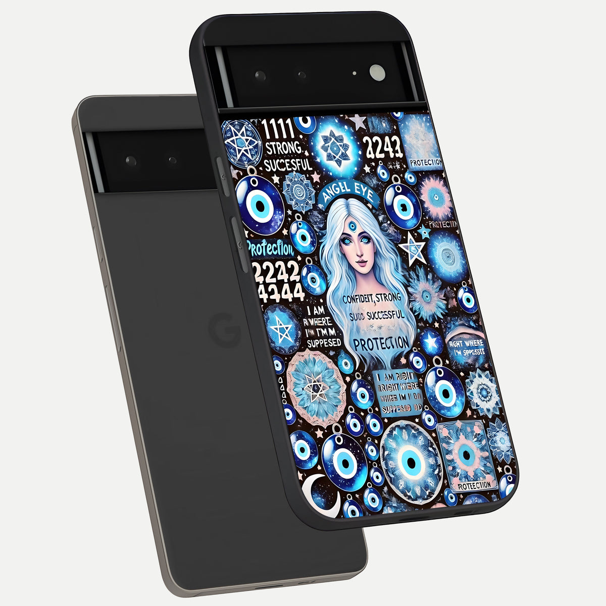  Angel Aura Shield phone case For Google Pixel 6A showing premium glass back cover with detailed artwork