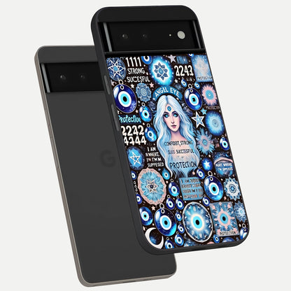  Angel Aura Shield phone case For Google Pixel 6A showing premium glass back cover with detailed artwork