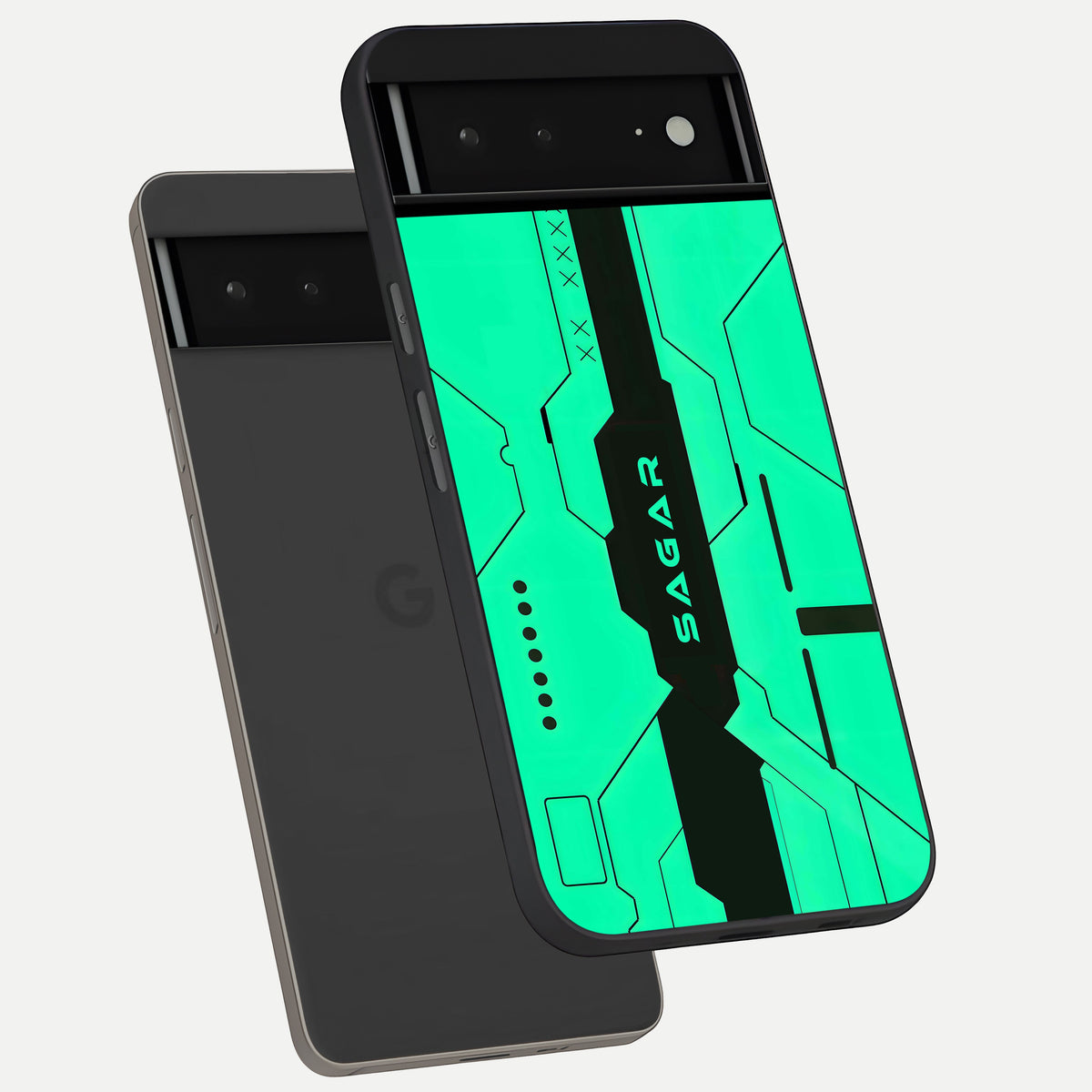  Aqua Tech CYBERPUNK Custom Name phone case For Google Pixel 6A showing premium glass back cover with detailed artwork