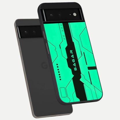  Aqua Tech CYBERPUNK Custom Name phone case For Google Pixel 6A showing premium glass back cover with detailed artwork