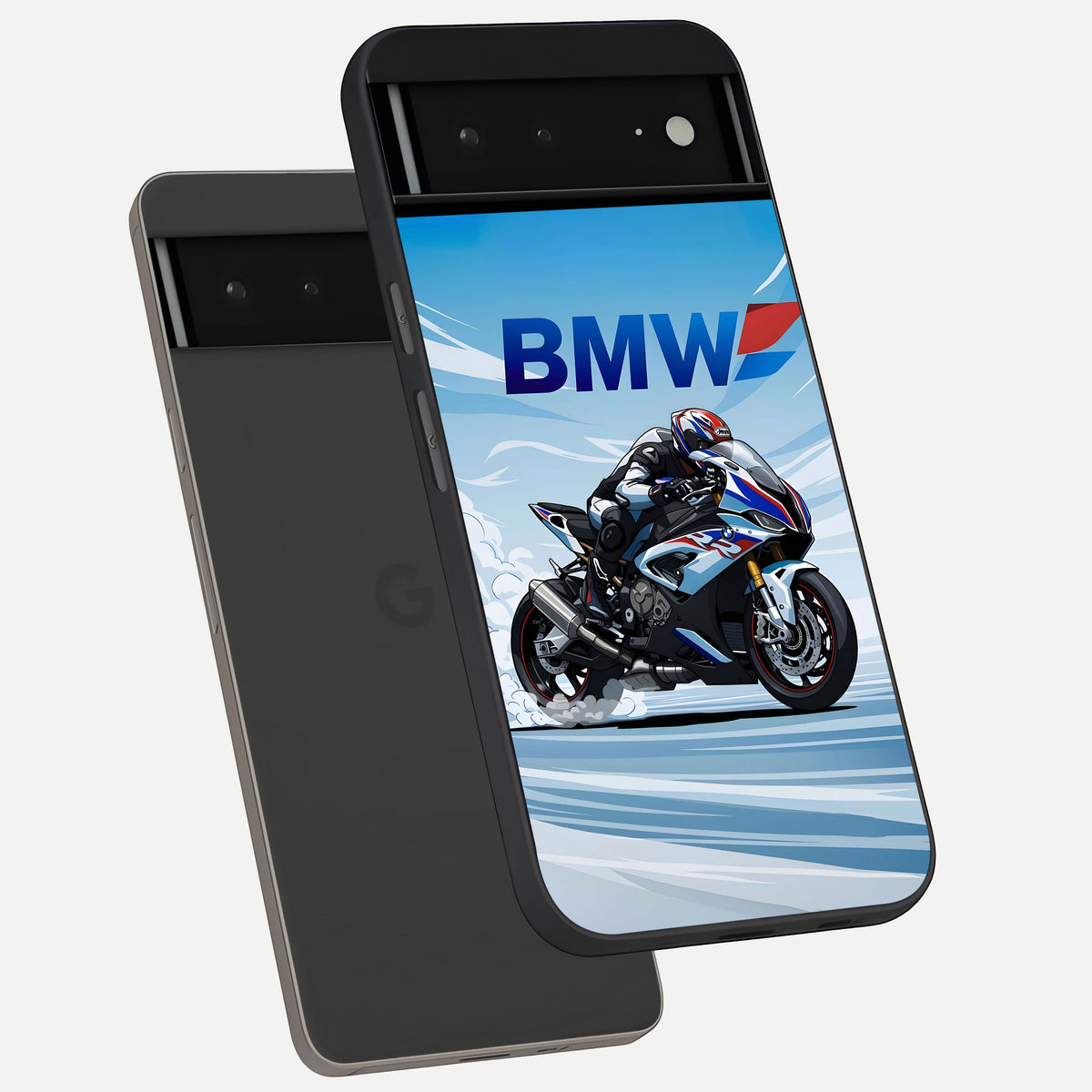  BMW Power Drift phone case For Google Pixel 6A showing premium glass back cover with detailed artwork