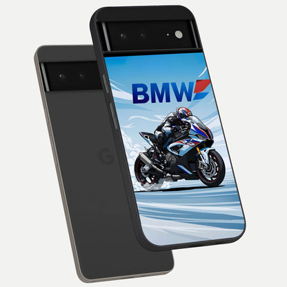  BMW Power Drift phone case For Google Pixel 6A showing premium glass back cover with detailed artwork