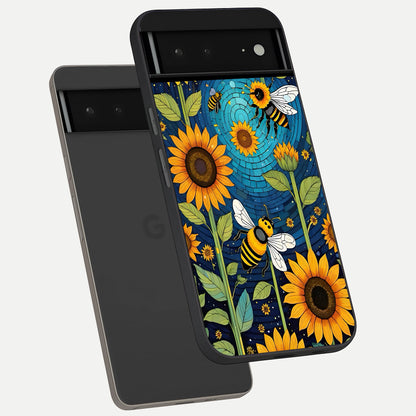  Bees And Sunflowers phone case For Google Pixel 6A showing premium glass back cover with detailed artwork