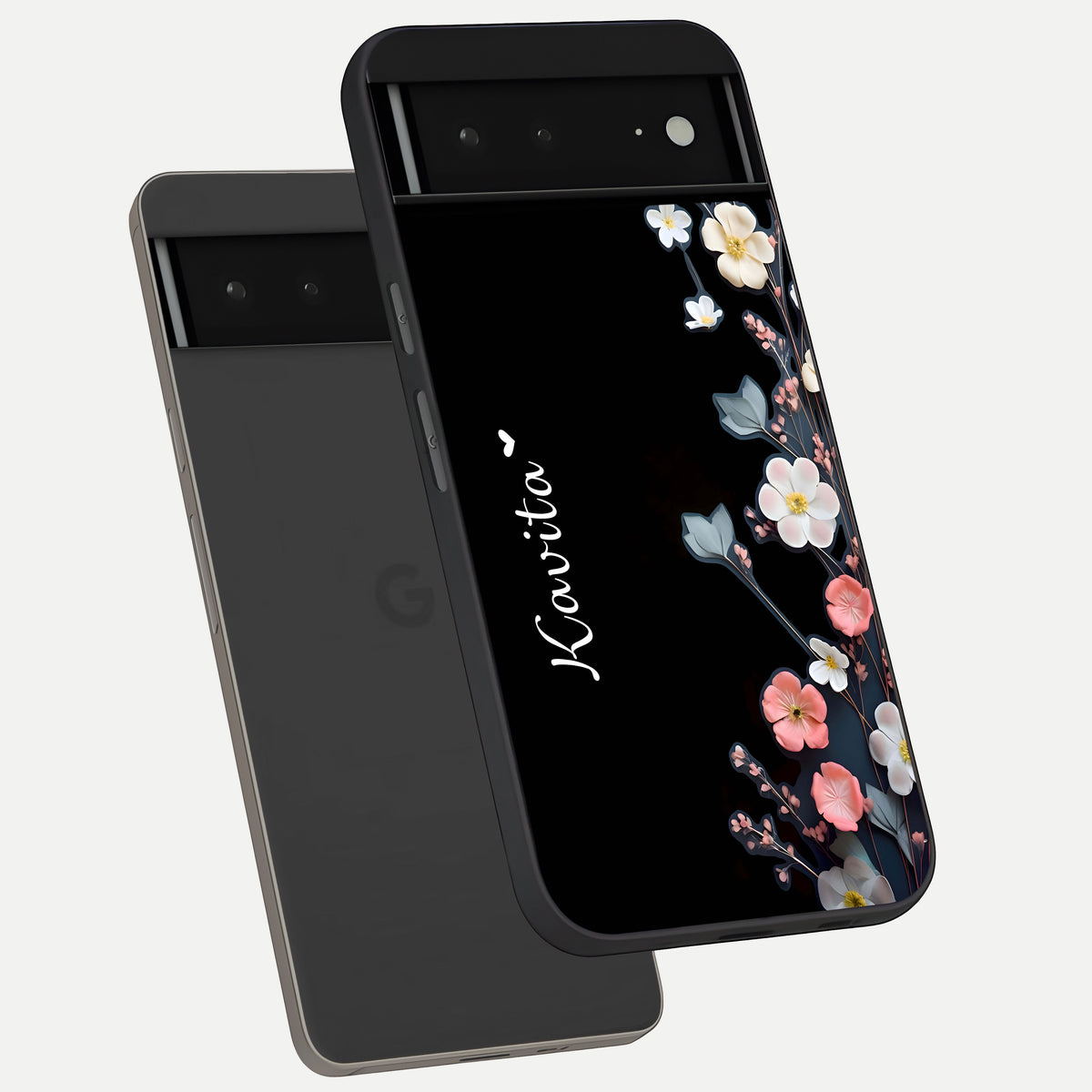  Black Elegance Floral Custom Name phone case For Google Pixel 6A showing premium glass back cover with detailed artwork