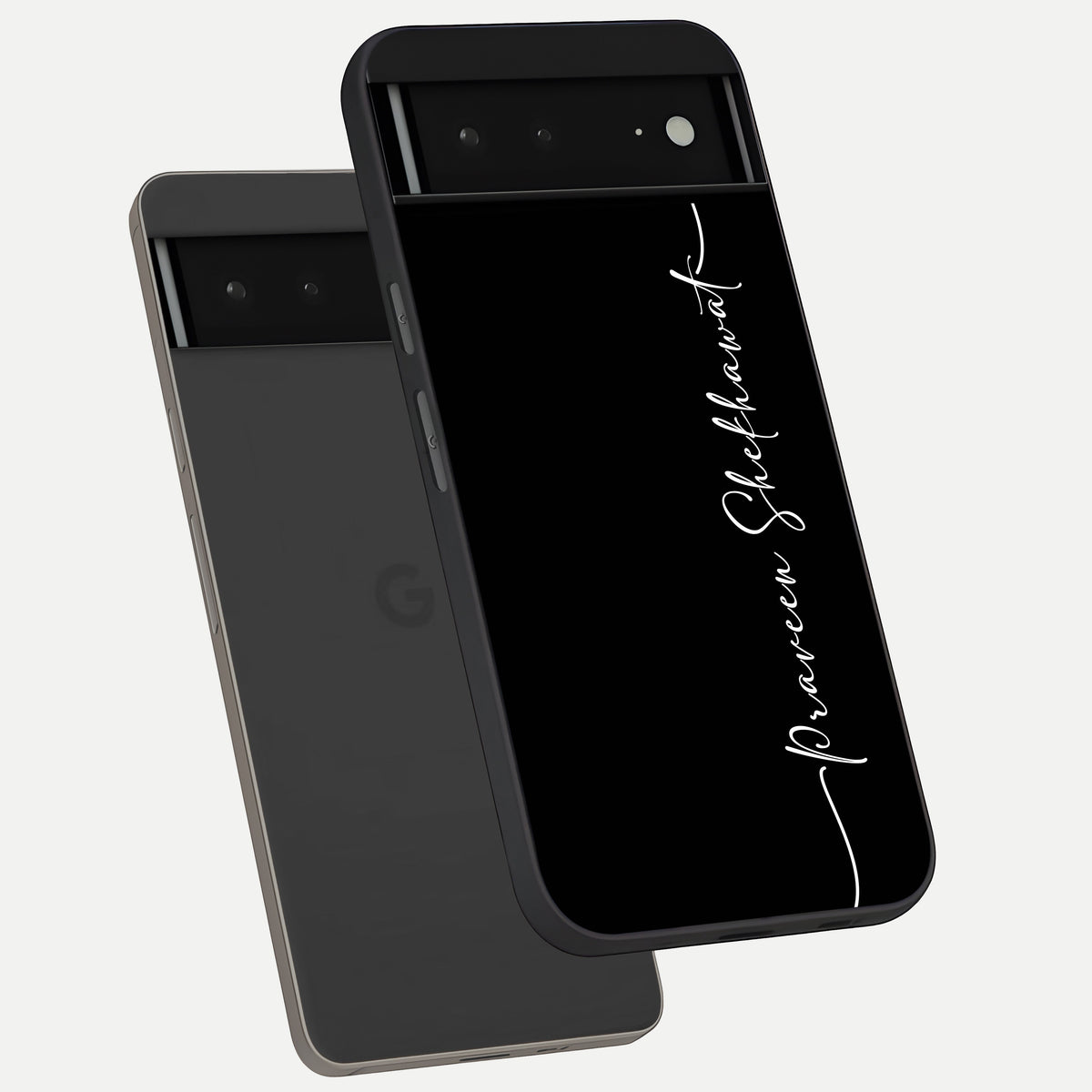 Black Tune Custom Name phone case For Google Pixel 6A showing premium glass back cover with detailed artwork