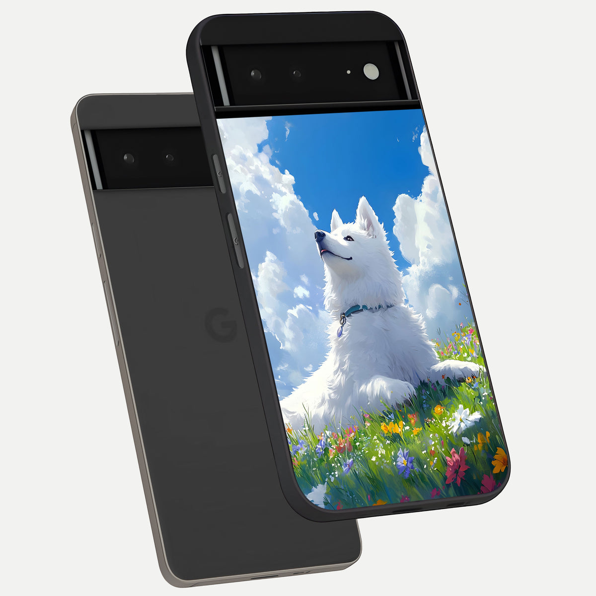  Blissful Cloud Pup phone case For Google Pixel 6A showing premium glass back cover with detailed artwork