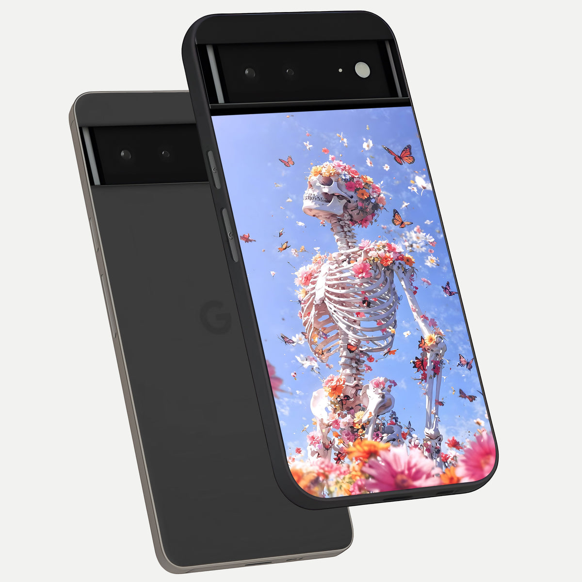  Bloom Beyond Bones phone case For Google Pixel 6A showing premium glass back cover with detailed artwork