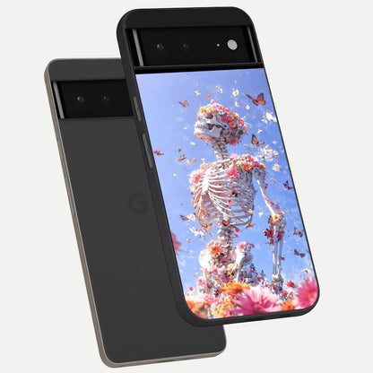  Bloom Beyond Bones phone case For Google Pixel 6A showing premium glass back cover with detailed artwork
