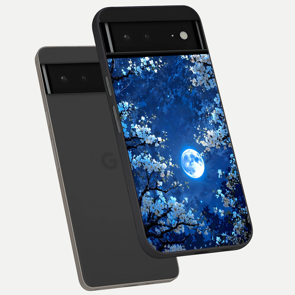  Blossom Moonlight Sky phone case For Google Pixel 6A showing premium glass back cover with detailed artwork
