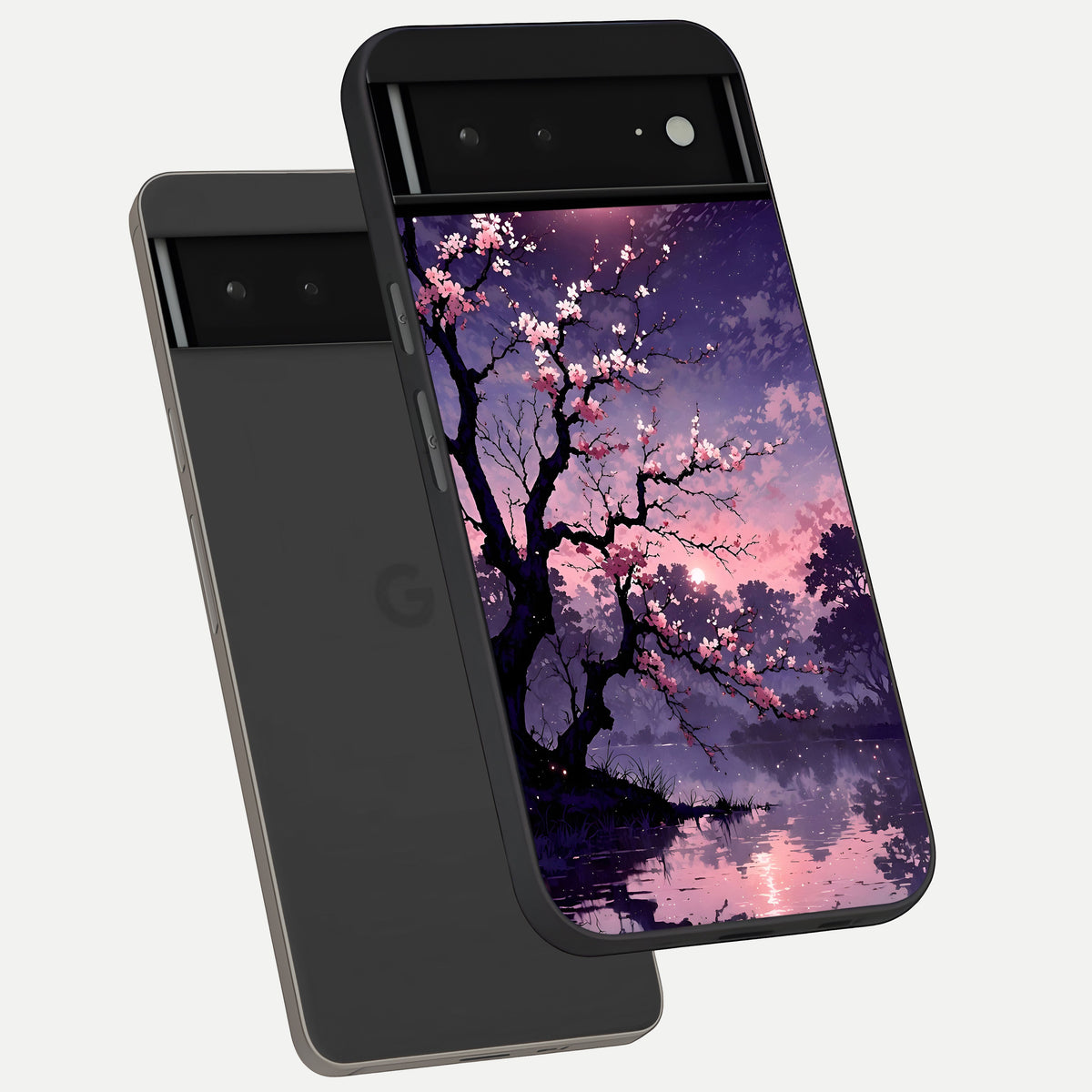  Blossom Pink Moon phone case For Google Pixel 6A showing premium glass back cover with detailed artwork