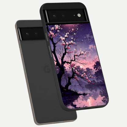  Blossom Pink Moon phone case For Google Pixel 6A showing premium glass back cover with detailed artwork