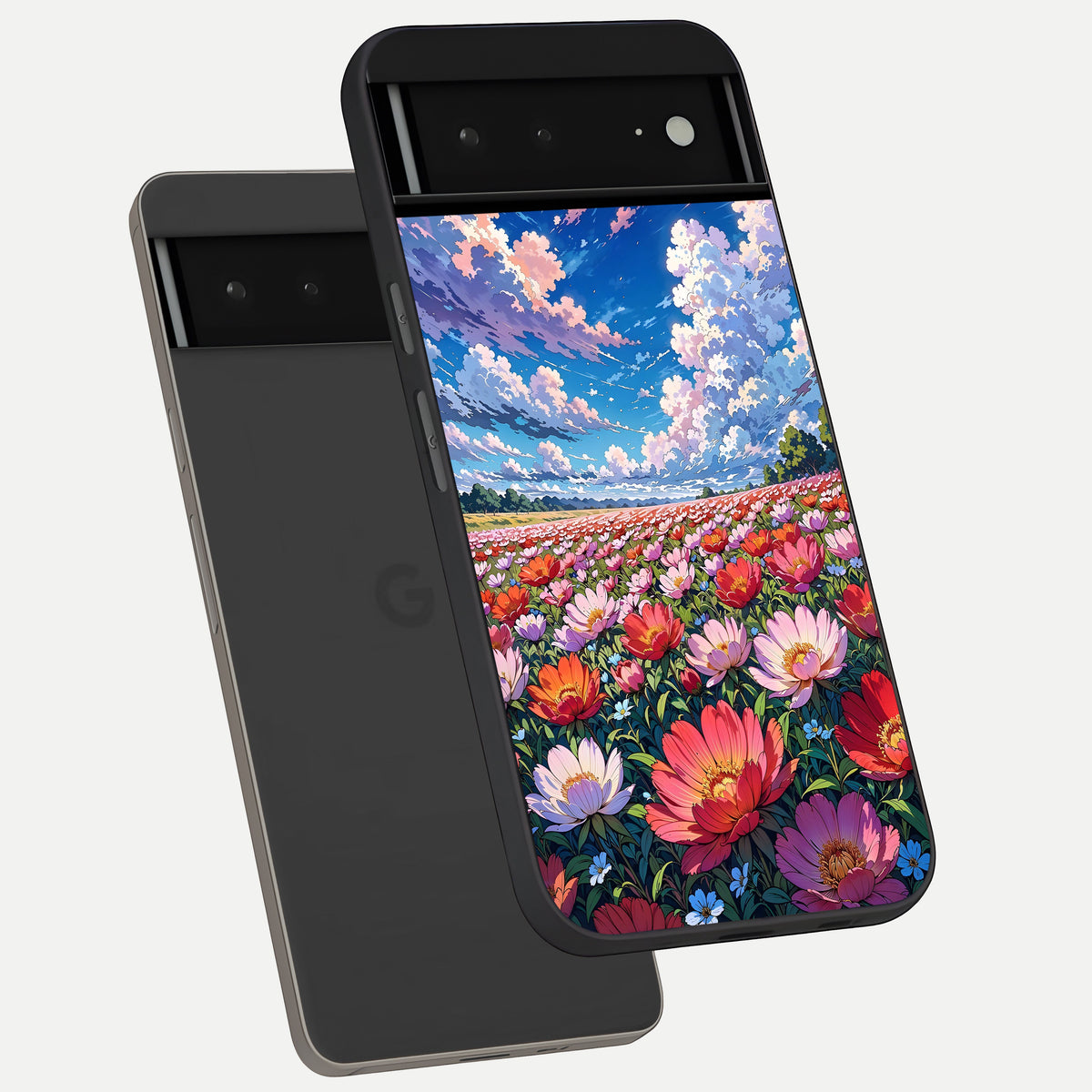  Blossom Sky Field phone case For Google Pixel 6A showing premium glass back cover with detailed artwork