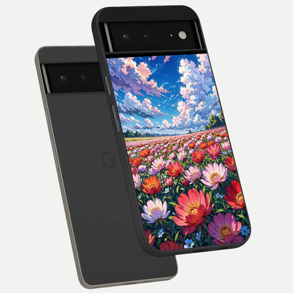  Blossom Sky Field phone case For Google Pixel 6A showing premium glass back cover with detailed artwork
