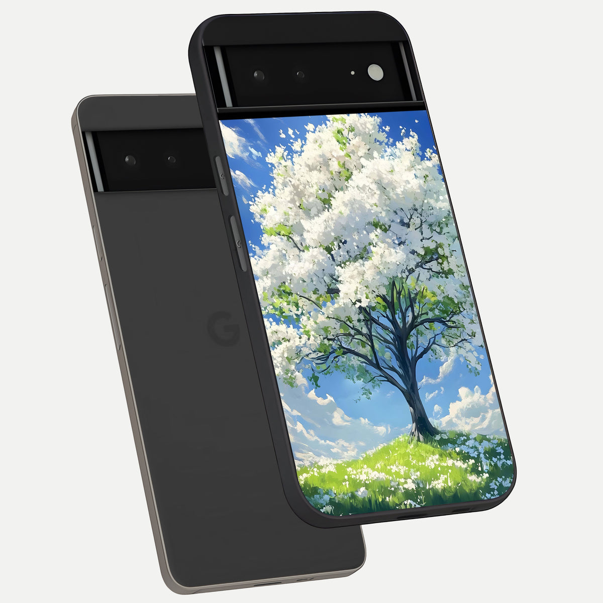  Blossom Sky Serenity phone case For Google Pixel 6A showing premium glass back cover with detailed artwork