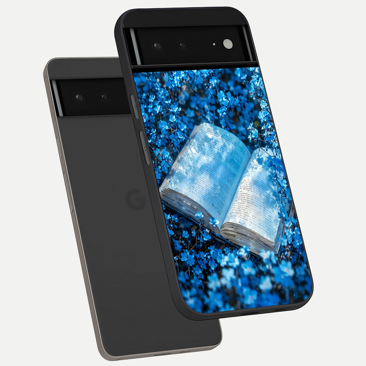  Blue Bloom Tales phone case For Google Pixel 6A showing premium glass back cover with detailed artwork