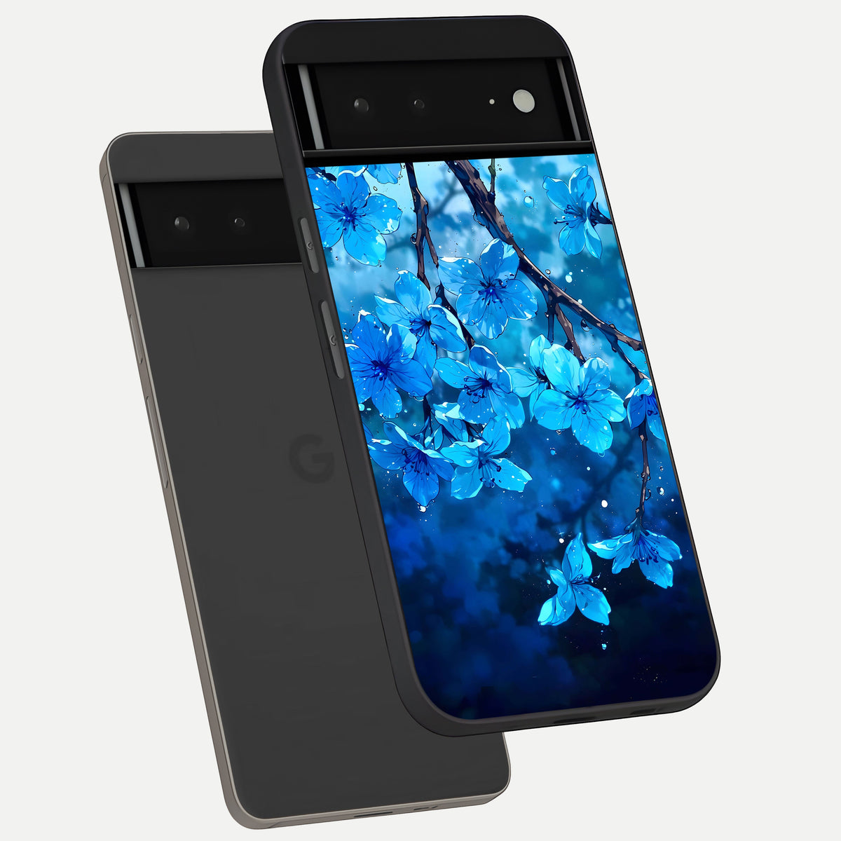  Blue Blossoms Branch phone case For Google Pixel 6A showing premium glass back cover with detailed artwork