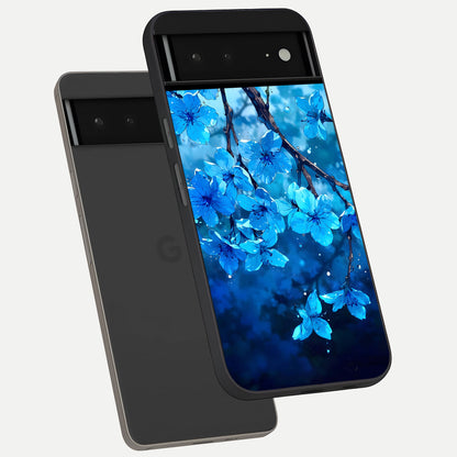  Blue Blossoms Branch phone case For Google Pixel 6A showing premium glass back cover with detailed artwork