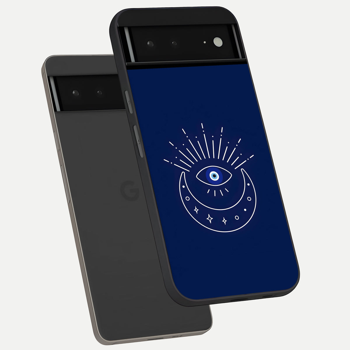  Blue Evil Eye phone case For Google Pixel 6A showing premium glass back cover with detailed artwork
