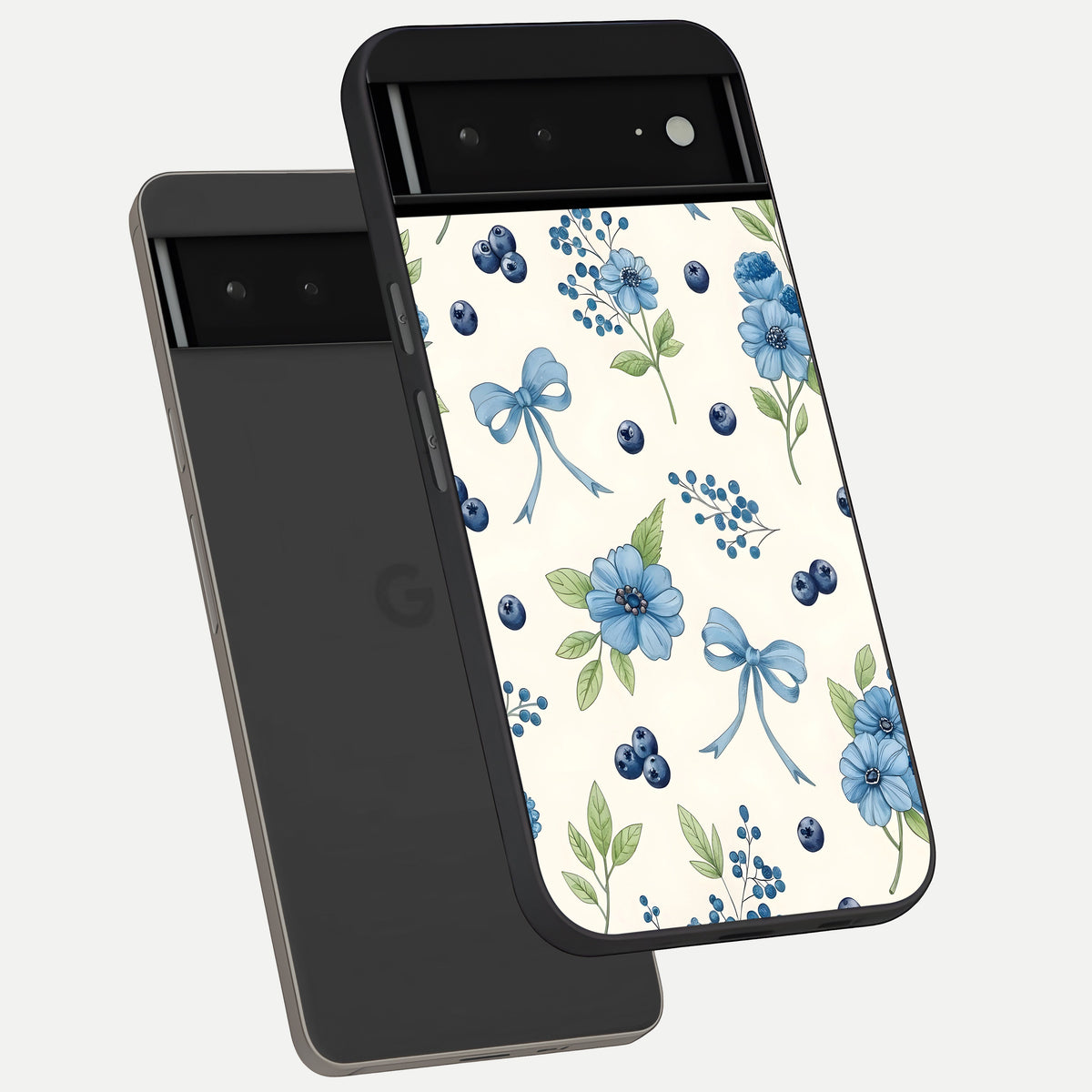  Blue Flower And Bow phone case For Google Pixel 6A showing premium glass back cover with detailed artwork