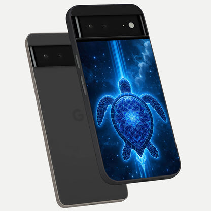  Blue Galaxy Turtle phone case For Google Pixel 6A showing premium glass back cover with detailed artwork