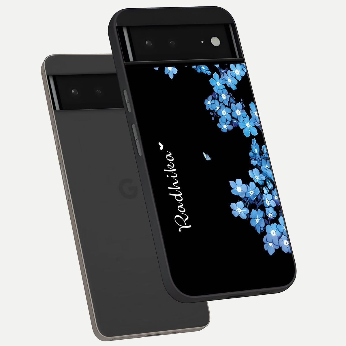  Blue Petal Dream Custom Name phone case For Google Pixel 6A showing premium glass back cover with detailed artwork