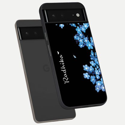 Blue Petal Dream Custom Name phone case For Google Pixel 6A showing premium glass back cover with detailed artwork