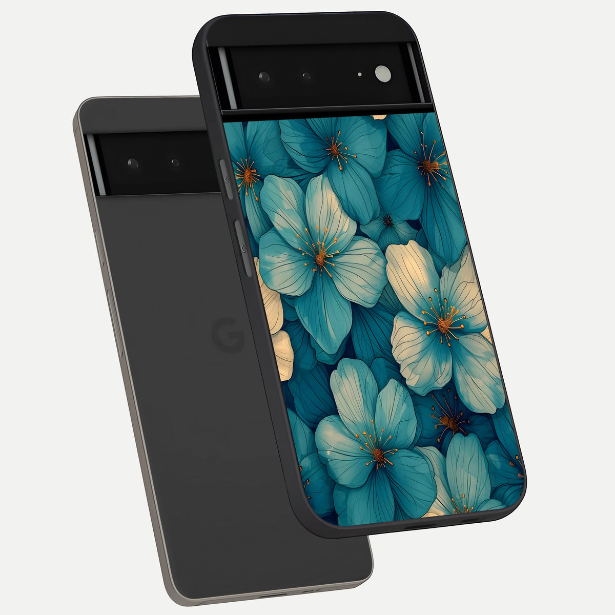  Blue Shade Floral phone case For Google Pixel 6A showing premium glass back cover with detailed artwork