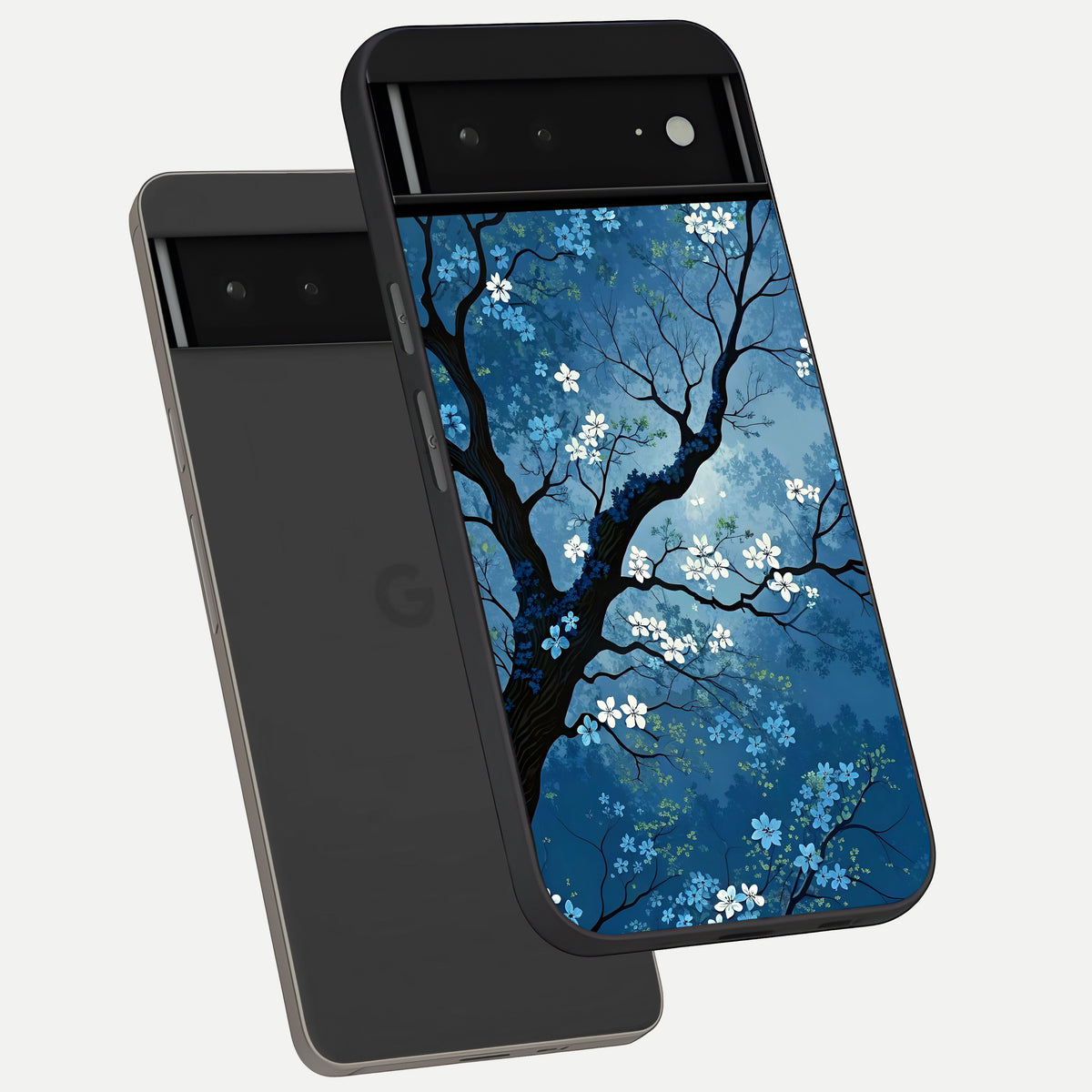  Blue Tree Serenity phone case For Google Pixel 6A showing premium glass back cover with detailed artwork