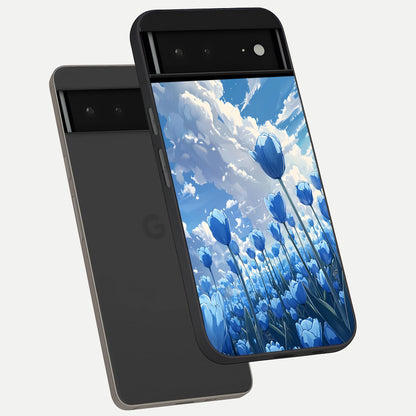  Blue Tulip Clouds phone case For Google Pixel 6A showing premium glass back cover with detailed artwork