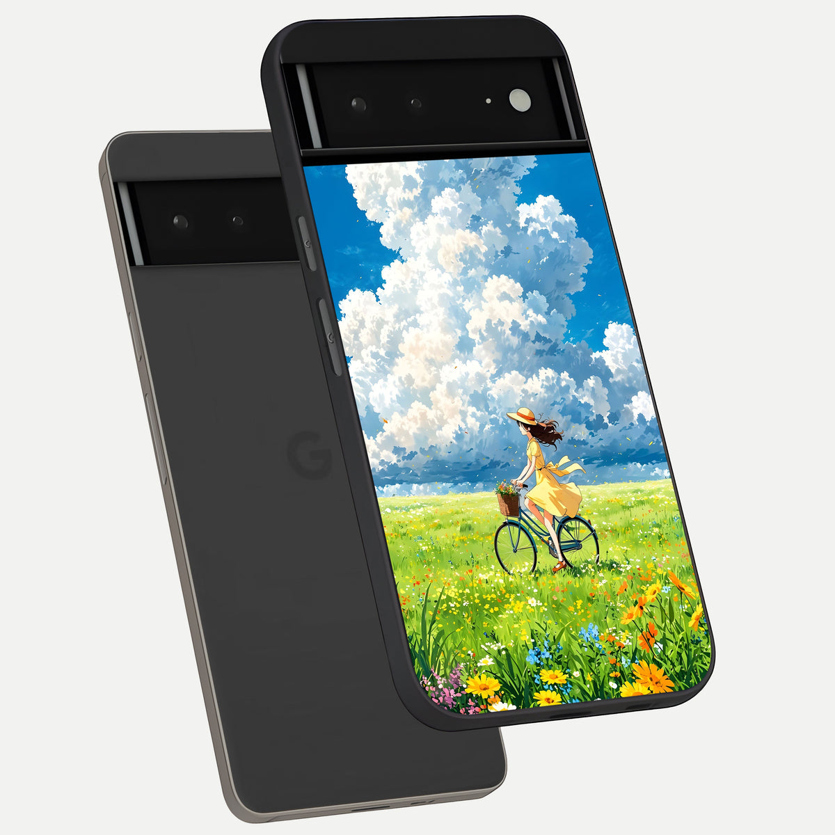  Breezy Meadow Ride phone case For Google Pixel 6A showing premium glass back cover with detailed artwork