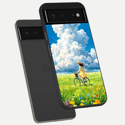  Breezy Meadow Ride phone case For Google Pixel 6A showing premium glass back cover with detailed artwork