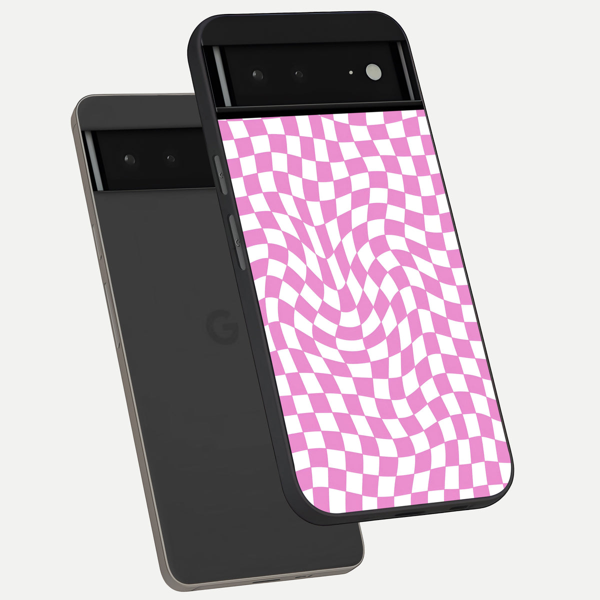  Bubblegum Check Wave phone case For Google Pixel 6A showing premium glass back cover with detailed artwork