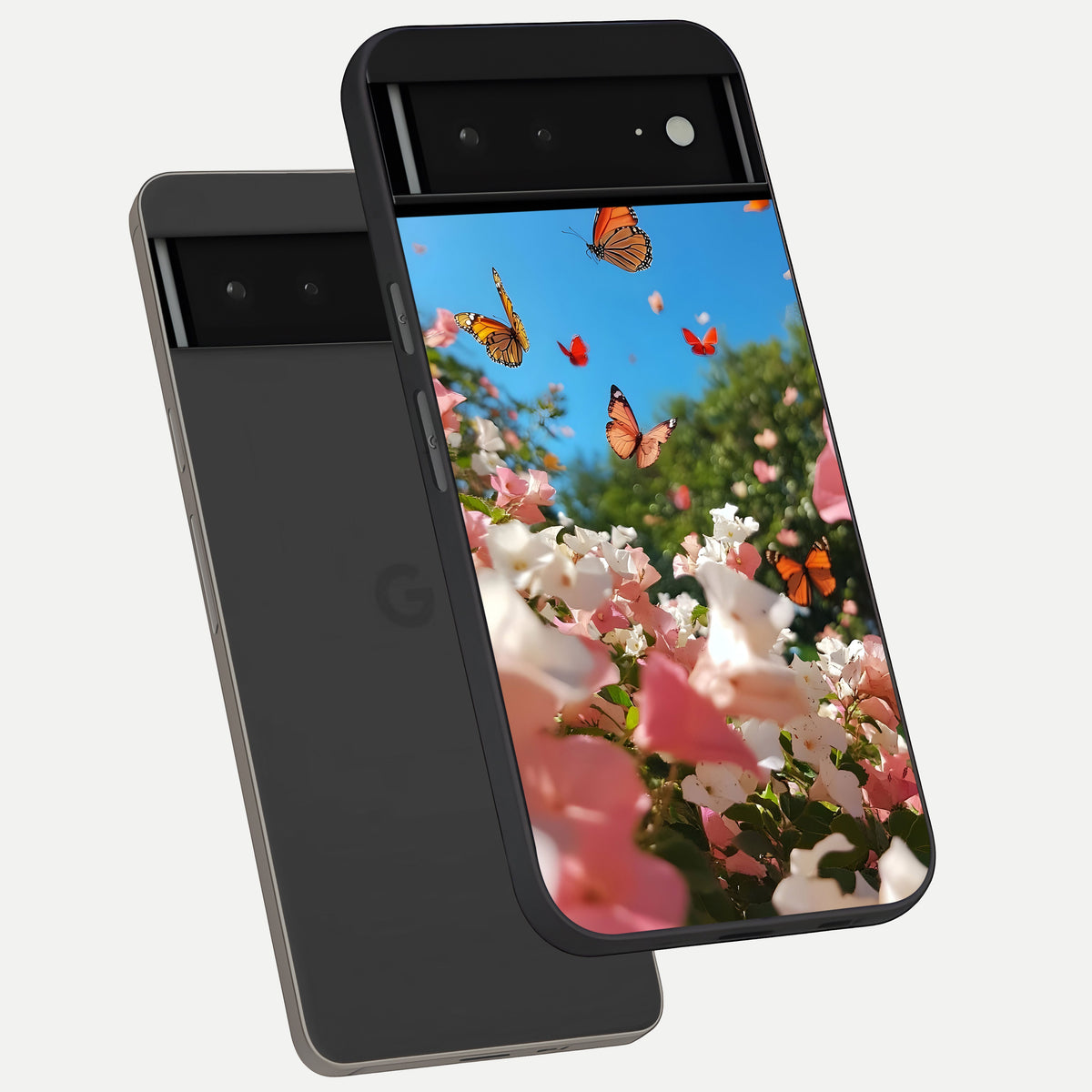  Butterflies In Bloom Sky phone case For Google Pixel 6A showing premium glass back cover with detailed artwork
