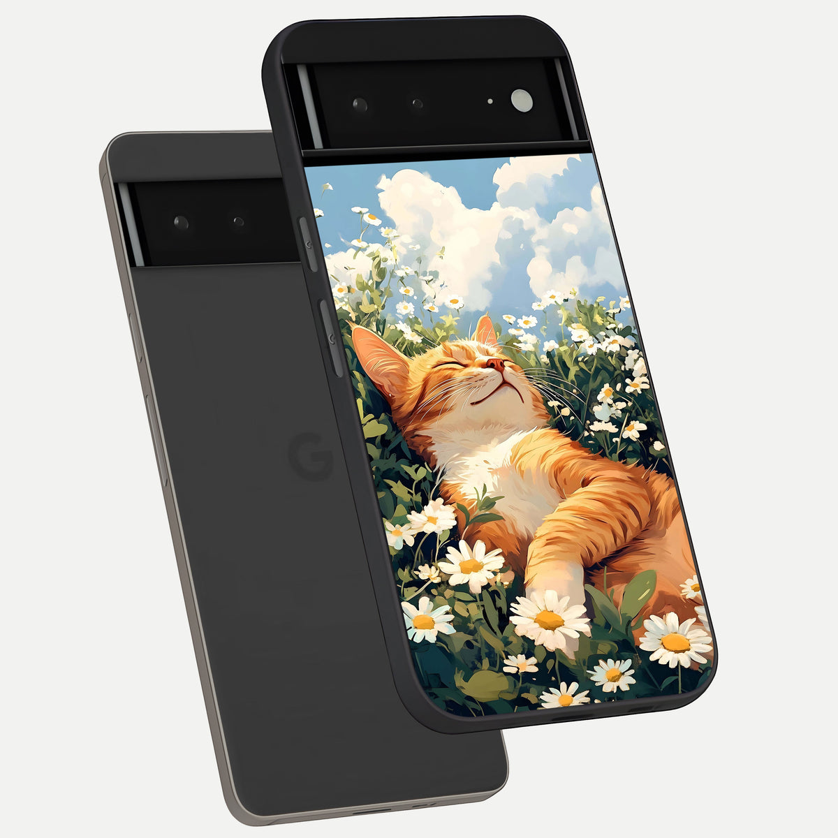  Cat And Flowers View phone case For Google Pixel 6A showing premium glass back cover with detailed artwork