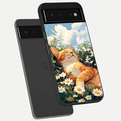  Cat And Flowers View phone case For Google Pixel 6A showing premium glass back cover with detailed artwork