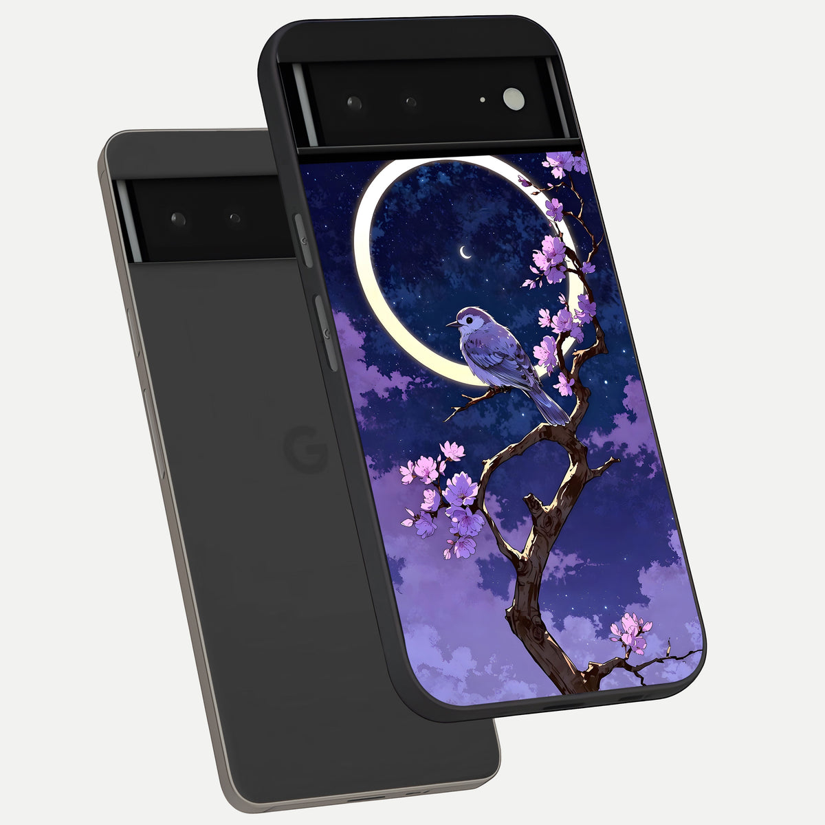  Celestial Bird Blossom phone case For Google Pixel 6A showing premium glass back cover with detailed artwork