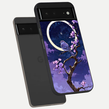  Celestial Bird Blossom phone case For Google Pixel 6A showing premium glass back cover with detailed artwork