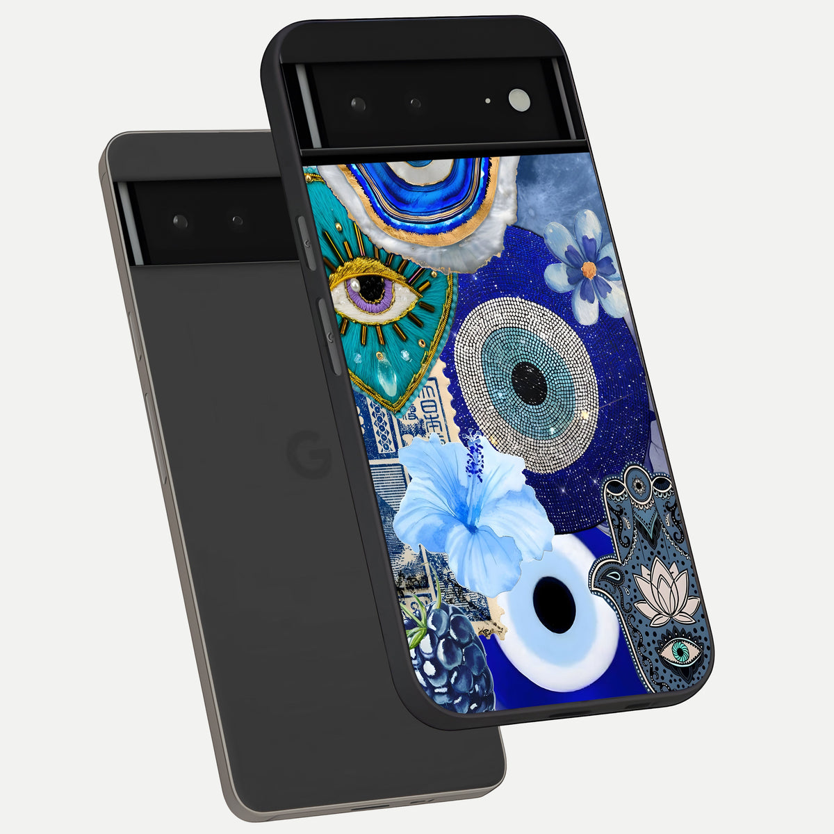  Celestial Blue Vision phone case For Google Pixel 6A showing premium glass back cover with detailed artwork