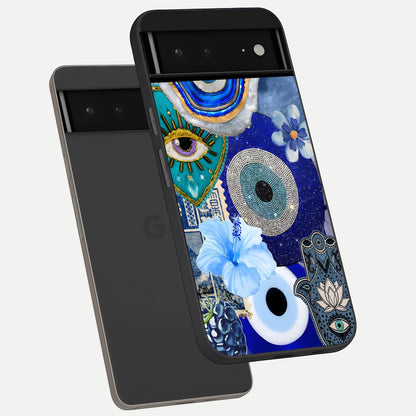  Celestial Blue Vision phone case For Google Pixel 6A showing premium glass back cover with detailed artwork