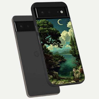  Celestial Lake Peace phone case For Google Pixel 6A showing premium glass back cover with detailed artwork