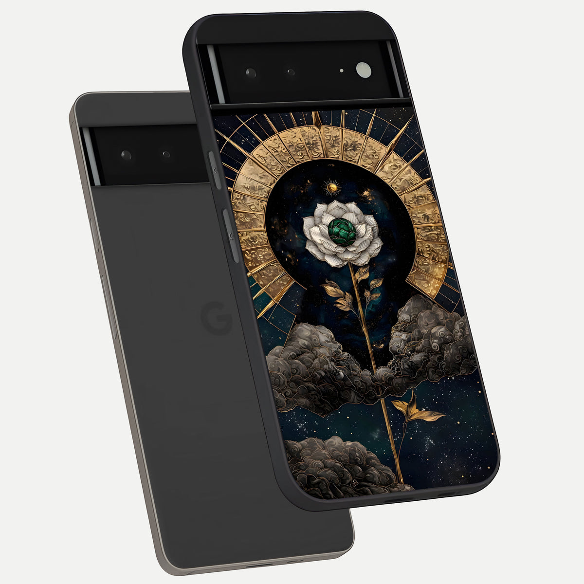  Celestial Lotus Morang phone case For Google Pixel 6A showing premium glass back cover with detailed artwork