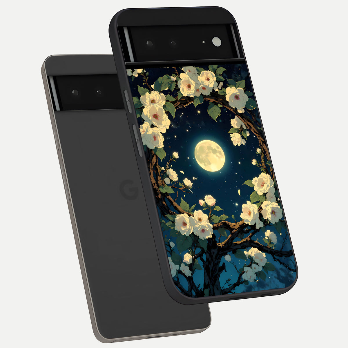 Celestial Moon And Flower phone case For Google Pixel 6A showing premium glass back cover with detailed artwork