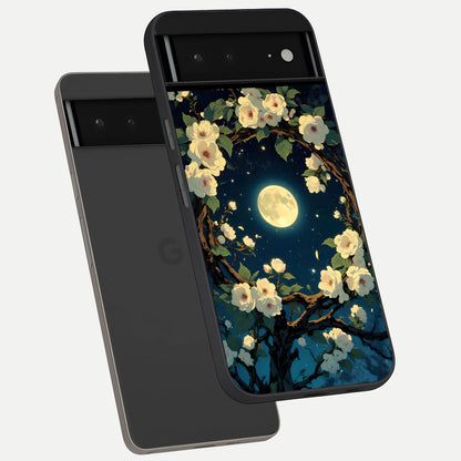  Celestial Moon And Flower phone case For Google Pixel 6A showing premium glass back cover with detailed artwork